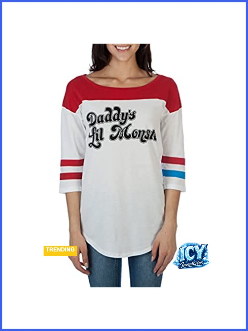Harley Quinn Daddy's Lil Monster Juniors Raglan T-Shirt, Cotton Blend,